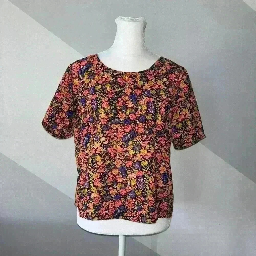 Fun & Flirt Womens Short Sleeve Neon Floral Top Size Large